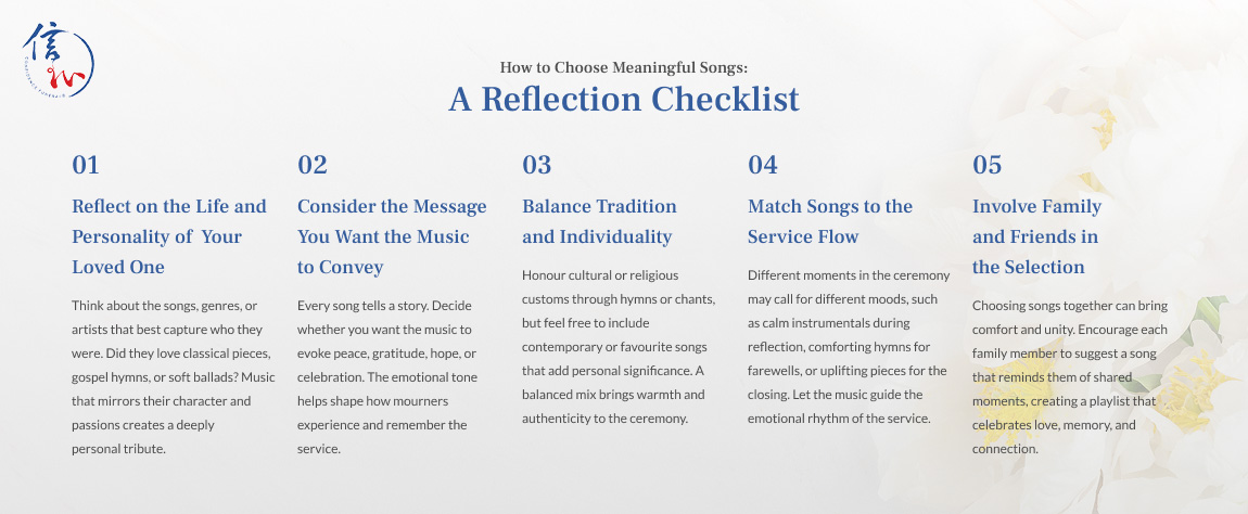 Infographic on choosing meaningful songs for a funeral ceremony.